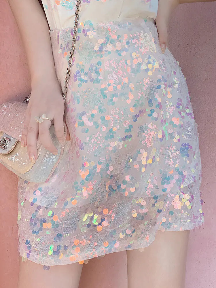 Sequined Two-Piece Set: High-Waisted Skirt & Tee - # GIAA23310007